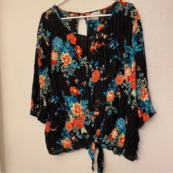 H.I.P. Black colorful bright floral flower semi sheer boho artsy peasant 2X - Picture 1 of 10